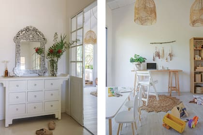 Izq.: Espejo (Rapsodia Home). Mueble pintado de blanco (@victoriasurvintage).
Der.: Escritorio (Elhecho Urbano). Alfombra de yute (Lotus Deco).