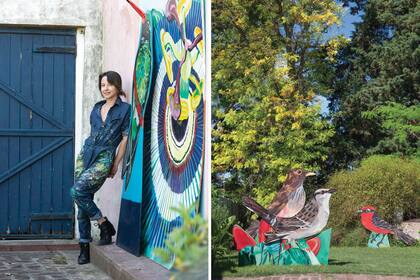 Izq.: Katalina Guerrico, una artista una apasionada de los colores y de la naturaleza nativa. Der.: Su jardín es escenario para algunas de las aves de gran escala, como el zorzal, la calandria y el churrinche, escultóricas en MDF y en chapa, de unos 160 cm de altura.