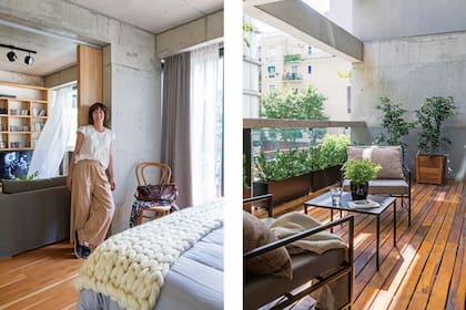 Izq: la decoradora y paisajista Lula Köenig. Terraza con deck de guayubira, jardineras de hierro, Olea texana en macetones de lapacho con patas (para mantener el piso aireado). Mesa de hierro y sillones con almohadones de panamá gris.
