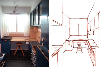 Izq., la reproducción de una "Cocina de Frankfurt" en el Museo de Artes Aplicadas de Viena. Der., Lucianta Levinton y Mara Sánchez Llorens, creadoras del proyecto Musas de Vanguardia (que la celebra junto con otras artistas y arquitectas) dibujaron este y otros planos para bajar de su sitio y que los chicos los coloreen.