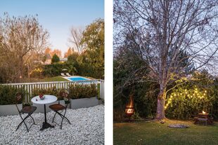 Izq.: La terraza privada de la suite, con vista al jardín. Der.: Un sector del parque se reservó para el fogonero y un juego de bancos y mesa de madera (Iván Nahas Estudio).