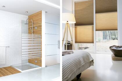Izq.: Las mamparas con líneas minimalistas de Shawer crean ambientes modernos. Der.: El modelo Duette de Hunter Douglas permite correr las cortinas tanto desde la parte superior como inferior del vano.
