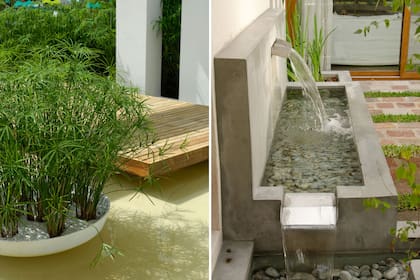 Izq.: Los papiros en grandes maceteros son el único elemento vegetal. Der.: El sonido de la caída de agua aporta a este patio sensación de frescura y tranquilidad.
