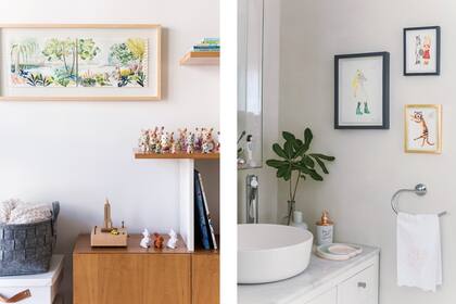 Cuadro de Lu Garabello. El baño tiene paredes de cemento alisado (Microfloor), mesada y bacha 'Il bel Bagno' (Barugel Azulay) con grifería de la línea 'Libby' (FV).