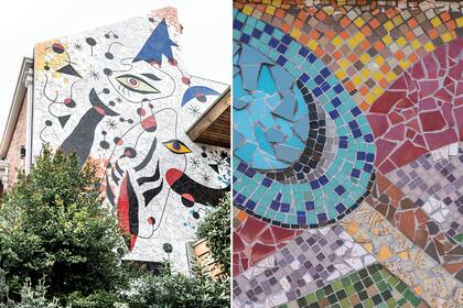 Izq.: Mural cerámico en homenaje a Joan Miró. Der.: Fragmento de la obra de estación Malaver 