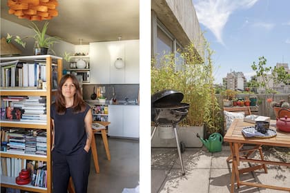 Izq.: Natalia Toussaint, sonidista y dueña de casa. Der.: La terraza se vive como un ambiente más. Natalia está la mañana en casa, así que disfruta de desayunos al sol y de la calma en ese momento del día. Parrilla (Mercado Libre). Mesa y sillas (Easy).