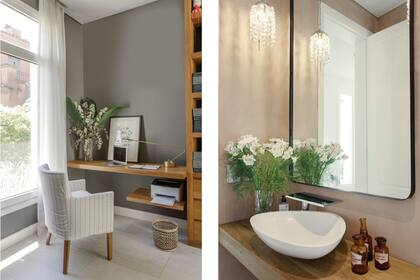 Silln (Muliere-Padilla) junto al escritorio y la biblioteca, diseados a medida por el estudio. Der.: bacha de apoyo Axor y grifera monocomando (todo de Hansgrohe).