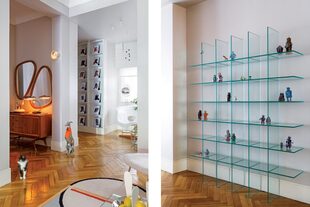 Izq.: Sobre la cómoda de los años 50, pieza de porcelana de Jaime Hayón. Espejos (Harturo) y lámpara ‘Fase’ de Ilum. En la pared, aplique de Tom Dixon. En la estantería tomada de la obra de Shirō Kuramata, una colección de robots.