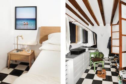 Izq: Sobre la mesa de luz, retrato que un amigo le hizo a la pareja en Formentera durante su primer verano en la isla. La lámpara es uno de los diseños favoritos de Momo. Der: Antiguo depósito, el vestidor es uno de los ambientes que mejor acondicionaron.