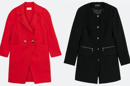 Izq.: Tapado de paño rojo recto con solapas ($14.590, Lojas Renner). Der.: Tapado negro con bolsillos y detalle de cierres plateados ($14.590, Lojas Renner).