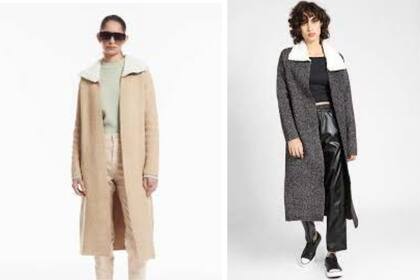 Izq.: Tapado tejido compacto hasta la pantorrilla con cuello de corderito sintético, sin botones ni bolsillos, en beige ($19.890, Portsaid). Der.: Tapado tejido compacto hasta la pantorrilla con cuello de corderito sintético, sin botones ni bolsillos, gris melange oscuro ($19.890, Portsaid).