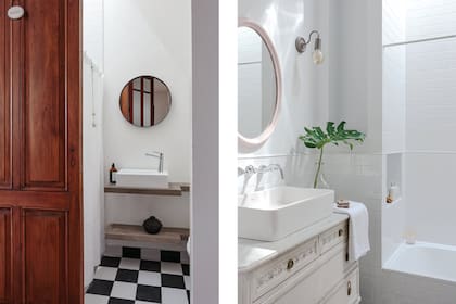 Izq: Toilette con piso de porcelanato estilo damero (Acuarela). Der: baño principal. Bacha ‘Country’ (Ferrum), grifería (FV), cerámicos ‘Subway’ 7,5x15cm (Blaisten). Aplique (Hado de Luz Lámparas). Toalla (Foyer).