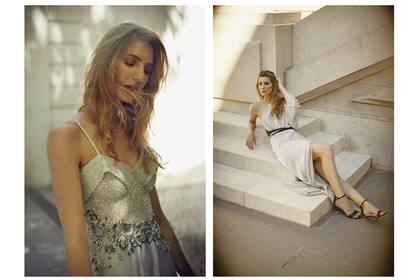 Izq., vestido de raso de seda italiano bordado a mano con canutillos, de Laurencio Adot. Der., vestido asimétrico con un solo hombro en seda plisada color plata, de Fabián Zitta