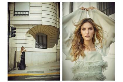 Izq., vestido strapless de raso doble opaco Mikado, con lazo en la cintura de tafetán de seda natural, de Pablo Ramírez. Der., vestido de línea evasé en seda natural intervenido con plumas y cristales con mangas campana, de Evangelina Bomparola