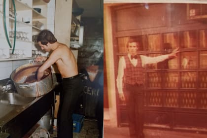 Izquierda: a Daniel le tocó lavar cacerolas en la fiesta de Año Nuevo en la disco Cerebro, donde trabajaba. Derecha: en su primer trabajo en el bar irlandés Kirura, en Moncloa.