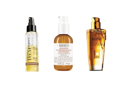 Izquierda: Advance Techniques para puntas dañadas ($340, Avon). Centro: Smoothigoilsérum su fórmula con aceite, ligera y versátil, aporta efecto alisador ($650, Kiehl's). Derecha: Óleo extraordinario único con factor de protección UV y nuevas fórmulas ($164, Elvive).