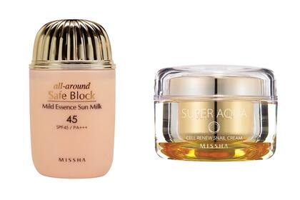 Izquierda: all-around safe block mild essence sun milk de Missha. Derecha: cell Renew Snail Cream de Missha