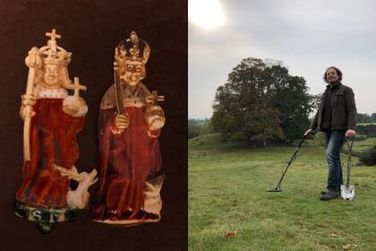 Izquierda: el hallazgo del aficionado en comparación con su réplica de la corona del Museo Británico. Derecha: Duckett posa con su detector de metales