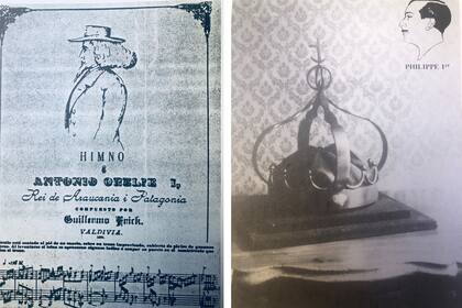 Izquierda: el himno del reino. Derecha: la corona en una postal editada por el pretendiente al trono de 1951 a 2014.