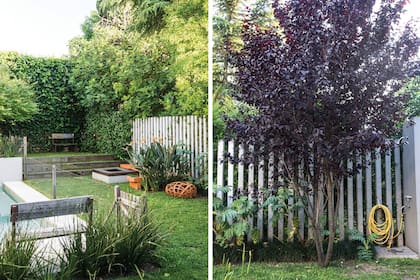 Izquierda: el sector del fogonero, con bancos de durmientes pintados de naranja. Derecha: un ciruelo disimula el sector de la ducha.