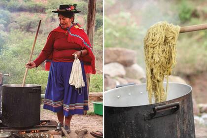 Izquierda: Elda Luere, mujer artesana de Valle Colorado, en pleno proceso de teñido. Derecha: hilado teñido con ubilla de zorro (Berberis fiebrigii).