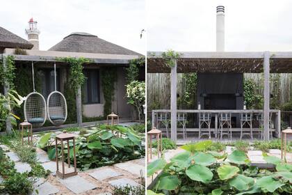 Izquierda: en el patio central, se usó el piso original de la casa, de granito de las sierras de José Ignacio con juntas de arena. Derecha: El sector de la parrilla tiene una mesa alta y larga para disfrutar de las noches de verano bajo la pérgola.