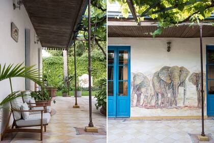 Izquierda: En la galería se ubicaron muebles de estilo retro para disfrutar del verde. Derecha: El mural de los elefantes realizado por Bernardo Ezcurra da a esta galería un toque original y de sorpresa.