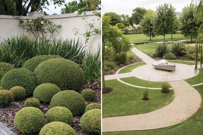 Izquierda: En las esquinas, las formas circulares de buxus crean un ritmo de tamaños y se conjugan con dietes y rosales que trepan por el muro. Derecha: Como una escultura, el mapa del sitio expone los distintos edificios y sus recorridos.