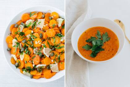 Izquierda: ensalada de zanahoria cocida (ver receta). Derecha: en sopas licuadas, la zanahoria se luce con su despliegue de color y dulzor.