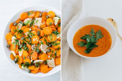 Izquierda: ensalada de zanahoria cocida (ver receta). Derecha: en sopas licuadas, la zanahoria se luce con su despliegue de color y dulzor.