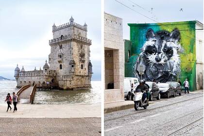 Izquierda: ¿es un plano de Game of Thrones? No, es La Torre de Belém, que parece salida de un cuento medieval. Derecha: el grafiti tridimensional de Bodalo II