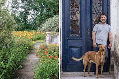 Izquierda: izq.: Camino entre hemerocalis, salvias y Santolina chamaecyparissus. Derecha: Coco Pelegrina y su perro, en la puerta de la casa de 1910.