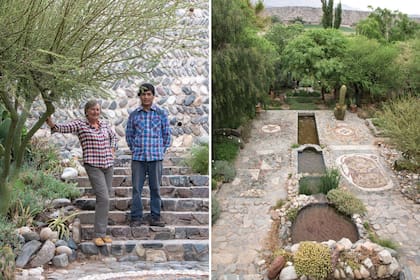 Izquierda: Jackie y Martín Liendro, su fiel ayudante en el jardín y en la posada. Derecha: El magnífico trazado del solado, construido enteramente con piedras del lecho del río. Un ñandú, una rana, el símbolo del sol y de la luna se repiten en la cerámica precolombina de los valles.