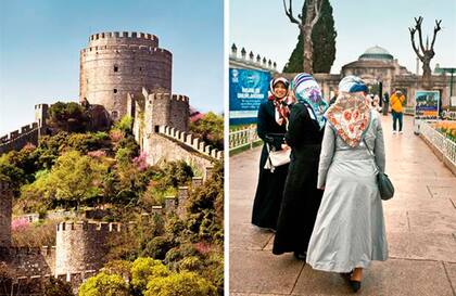Izquierda: la cantidad de castillos y fortalezas de esta ciudad habla de su pasado imperial. Derecha: los pañuelos de las mujeres se llaman hiyab e indican la religión a la que pertenecen