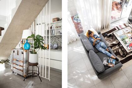 Izquierda: maceta de fibra de vidrio (Urban Pots Shop) sobre banco antiguo, comprado en el Mercado de las Pulgas.