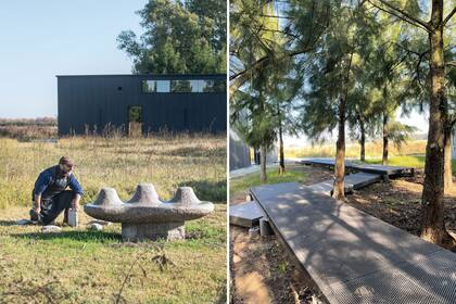 Izquierda: Montañas de luz de Juan Pablo Marturano, una de las últimas obras emplazadas el pasado otoño. Derecha: acceso a la galería, entre casuarinas, donde los arquitectos diseñaron una rampa de metal desplegado que parecerá flotar entre las Salvia procurrens cuando crezcan.