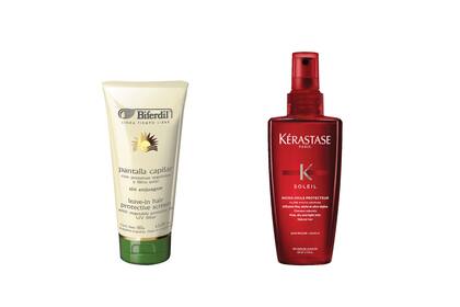 Izquierda: Pantalla capilar con proteínas vegetales ($123, Biferdil). Derecha: Soleil Micro-voile Protecteur combate los efectos de los rayos UV ($865, Kérastase).