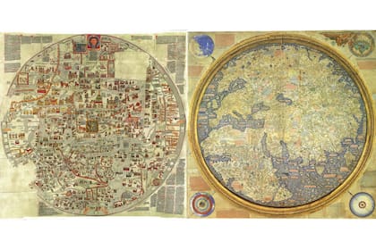 Izquierda: planisferio alemán de Ebstorf del siglo XIII con la inscripción "Isla Perdida: San Brandán la descubrió pero nadie la ha encontrado desde entonces". Derecha: mapamundi de Fra Mauro confeccionado en 1457