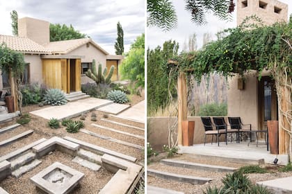 En este jardín seco se buscó una trepadora rústica como la glicina. Una de las favoritas por sus flores violetas que caen.