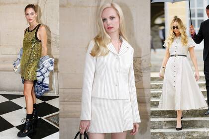 Izquierda: Sofía Sánchez de Betak había hablado de sus pocas ganas de volver a los trotes de fashion week, pero se ve que su cariño por la directora creativa de Dior pudo más. Centro: la también argentina Sofía Achával de Montagu ocupó un lugar en primera fila con Chufy. Derecha: Jennifer Lawrence voló a París para ver el show y deslumbró con un vestido New Look, la tipología con la que Dior torció el rumbo de la moda tras la Segunda Guerra.