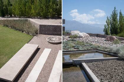 Izquierda: un banco un multiuso, sobre el que a veces se preparan fuegos o se suman almohadones para descansar. Derecha: la fuente, ubicada a la entrada de la bodega, está inspirada en los charcos que se forman en el suelo aluvional por el agua de deshielo. 