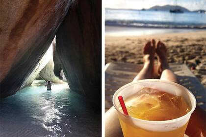 Izquierda: una cueva entre las rocas en el Parque Nacional The Baths. Derecha: el Painkiller es el trago típico, a base de ron, jugo de ananá y de naranja
y leche de coco