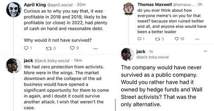 Jack Dorsey, cofundador de Twitter, admitió en su red social Bluesky su arrepentimiento por la venta de Twitter a Elon Musk