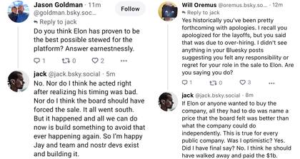 Jack Dorsey, cofundador de Twitter, admitió en su red social Bluesky su arrepentimiento por la venta de Twitter a Elon Musk