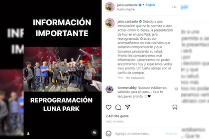 Jairo debió suspender su show en el Luna Park (Foto Instagram @jairo.cantante)