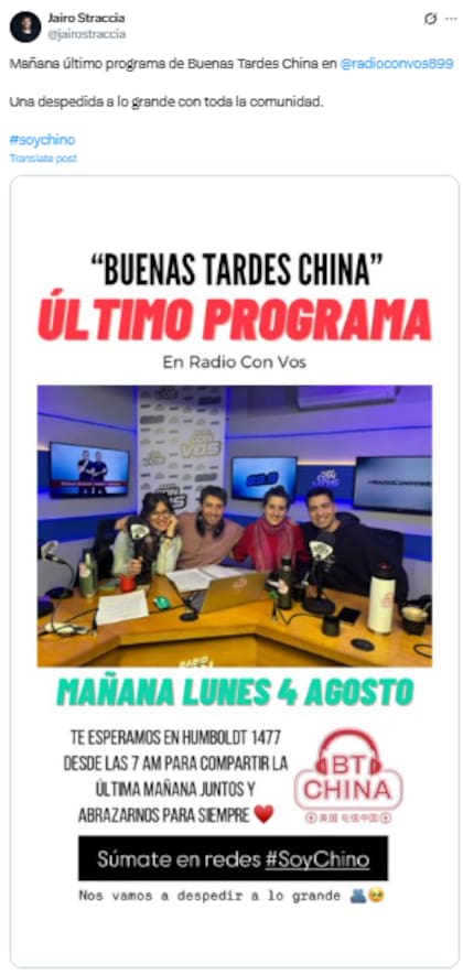 Jairo Straccia anunció el final de su programa en Radio Con Vos (X: @jairostraccia)
