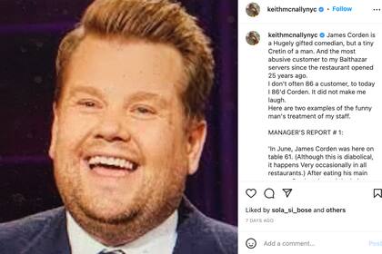 James Corden fue vetado de un restaurante en Nueva York tras su trato co el personal