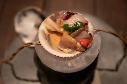 Jardín de mar, chochas y sus jugos. Pequeño sashimi de palometa de la Isla de Pascua. Almejas, callo de la almeja, callo de las machas, ostiones, coral del ostión, tucupí, almendra lactofermentada, aloe vera, oxalis, flor del oxalis, ulte y chochas. Todo sazonado con los mismos jugos de los mariscos. Asomándose, una salsa acevichada en base de piure, marisco anaranjado, único en Chile.