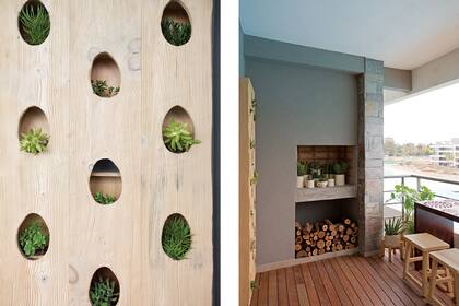 Jardín vertical de suculentas dentro de una placa de madera y deck de lapacho de Patagonia Flooring.