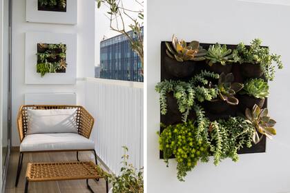 Jardín vertical hecho por Melisa Podestá con paneles cuadrados de Greentec. Muebles de exterior (Quintana Casa).